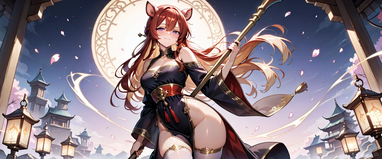 (8k, best quality, masterpiece:1.2),\(Eye details\),\(Facial features details\),(\(Clothes details details\)\),(1 girl:1.3),solo,full body,36 years old,(Golden tea hair:1.2),gold pupil,gold eyes,(Left bangs covering eyes:1.25),Single braid,((the braid in the breasts clevage)),huge ,large breasts,(Dark wizard robes:1.3),(upperboob:1.2).(Holding a staff),[Magical and complex gaming equipment｜Set with rubies]Magic Staff,发光的Magic Staff.Ruins Background,(Ruined marble wall)+(Wall with lvy:1.3),Crows circling in the sky，The air is stagnant，Big cloudy day，[Brownish red fur｜Thick fur]Giant demon wolf,The wolf climbs the wall