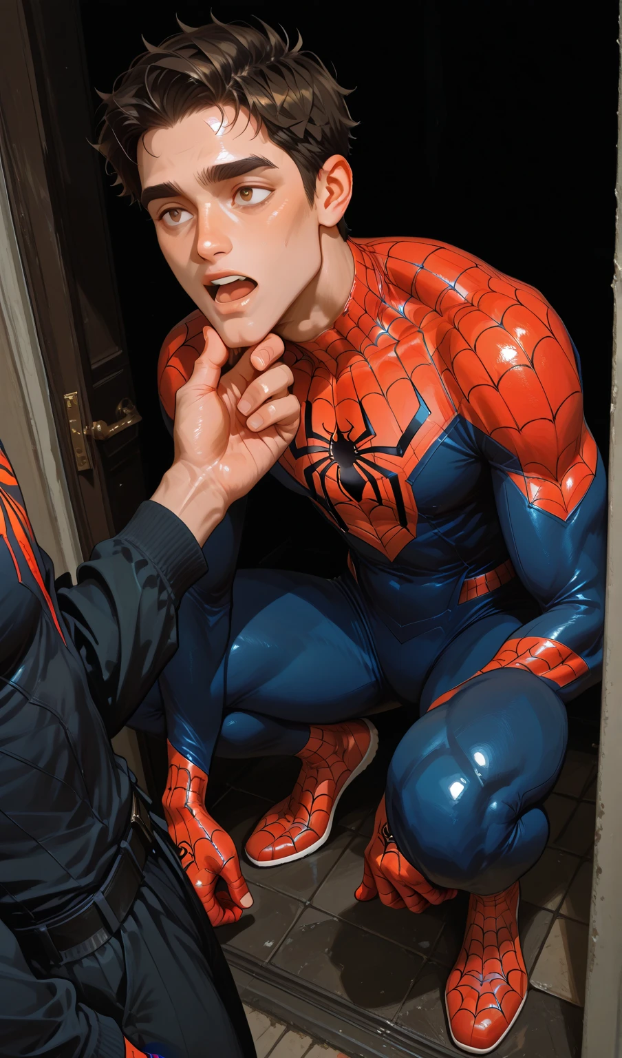 Spiderman (Andrew Garfield) with an seductive expression in a seductive pose, spreading legs, hand on crotch, beautiful detailed eyes, beautiful detailed lips, beautiful detailed veiny cock, huge cock, ready to cum extremely detailed face and body, 1 man, looking at the viewer, photorealistic, pronographic style, cinematic lighting, chiaroscuro, moody atmosphere, dramatic lighting, intense colors, hyper detailed, intricate details, sharp focus, full view