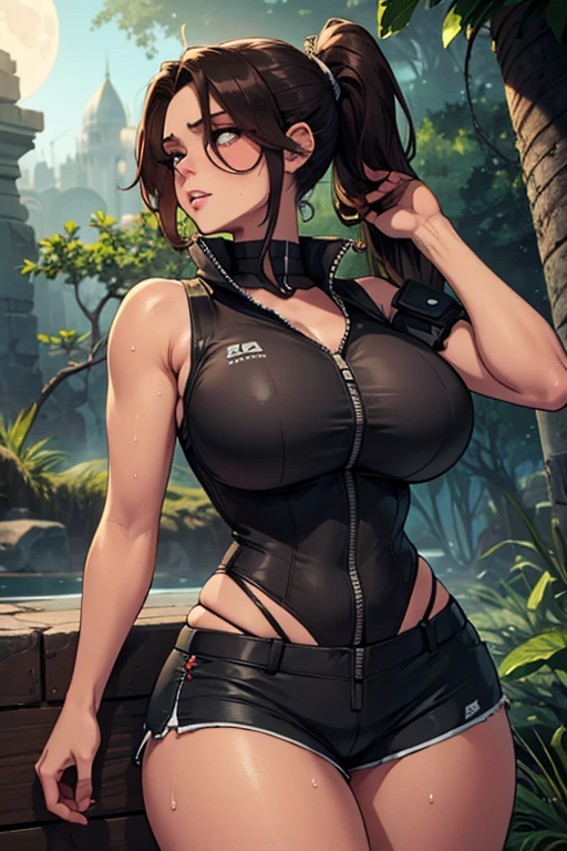 (((solo,1woman, mature, alone))), InuzukaTsume, ((brown hair, Messy hair, Pointed hair, glowing black eyes, blind. wide eyes, lipstick, makeup, narrow waist, skinny, medium breasts, facial_tattoo)), pelvic curtain, ((black bikini)), full body, perfect body, (insanely detailed, beautiful detailed face, masterpiece, best quality), (extremely detailed 8k paper CG wall unit: 1.1), (konohavillage, konoha gate walls, river, lake, tree, mountain, flower, at dawn, zebra cross, cloudy sky, cloud, dusk), (smile face for the viewer), cameltoe view, cameltoe, View from above, Diagonal view