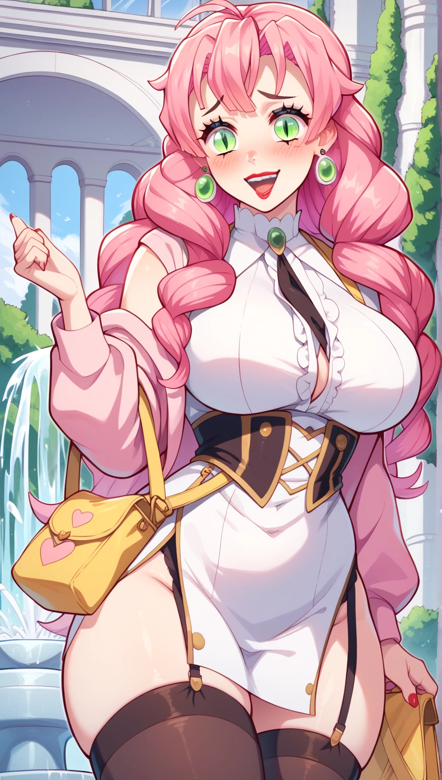 Cute sexy nervous woman with thick long messy curly pink hair with glasses with tattoo blushing with bright earrings with thick thighs and big chest in a sexy dress holding flowers with butt out winking acting shy and embarrassed blushing