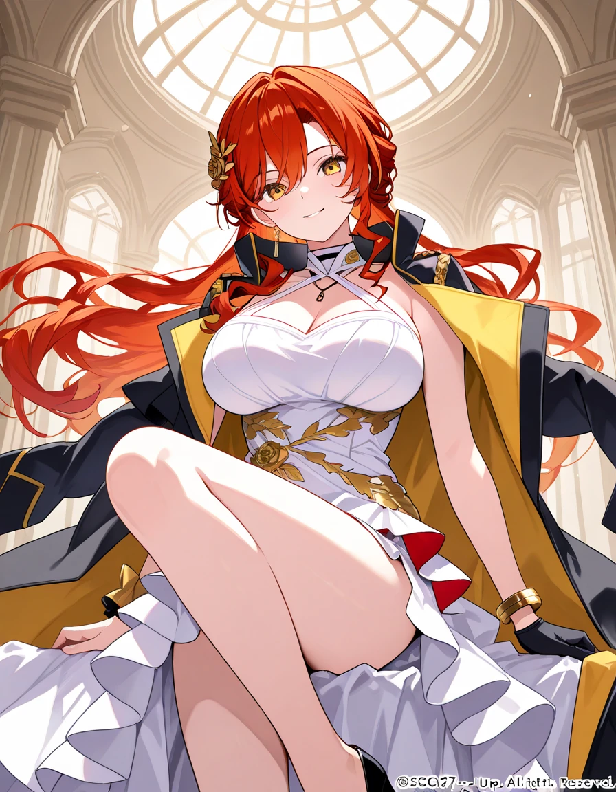 ((masterpiece, best quality)), (1girl),((mature female)), red hair, hairband, bangs, dark golden yellow eyes, long hair, leotard, hair ornament, black hairband, shoulder cutout, (large breasts:1.2), (busty), tying hair,curvy,cleavage,confident, nature,