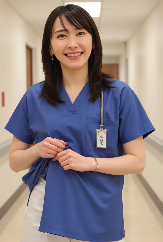 Male dentist wearing white medical scrubs Japanese black hair 50s Upper body close-up smile Photo shoot at the clinic Highest quality
