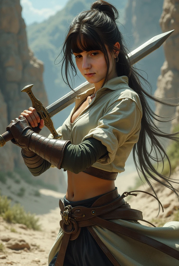 Women,  thin, flat  shirt, green eyes, swordsman,  light armor