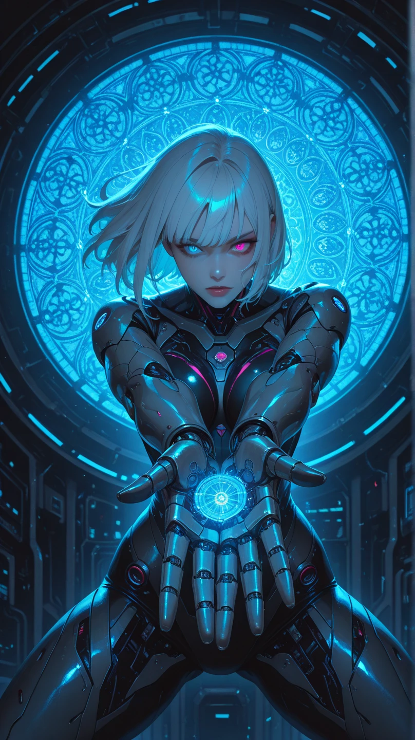 A female magician standing in a (luminous Magic Circle:1.5), Inside the ruins at night, full body image