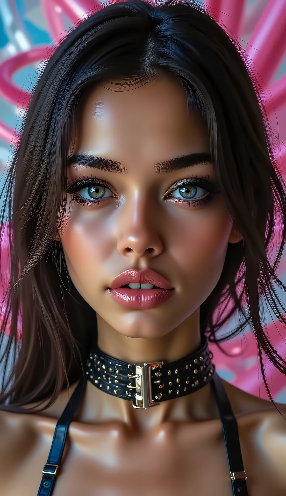  [Style: "masterpiece, realistic, (photo realistic Realism), ultra-detailed, Hyper high resolution"](Key Directive: - ("The priority is the anatomical accuracy and texture of the materials" - "Ultra-sharp human eyes with biological accuracy") { "Eyes: (acid-resistant terminology) (macro-details:1 . 5): * Moist corneal surface (visible aqueous layer:1 . 2) * Hyper-detailed iris stroma ((brown) with gold flecks) * Precise limbal ring (slightly darker pigmentation:1 . 22) * Pupil micro-texture (irregular edge authenticity:0 . 9) * Vasculature in sclera (subtle red veins radiating from limbus)" - "Lashes: blue individual synthetic fibers (crosshatched roots:1 . 2 , clump-free separation)" Technical Specs: (Optics: - "Zeiss Otus85mm f/1 . 4 lens (eye refraction calculations:1 . 3)" - "Shutter Speed:1/500 (freeze eye micro-movements)" - "Focus Stacking:7-point coverage on iris plane") (Post-Processing: - "Frequency separation for skin vs eye details" - "Selective sharpening: eyes200% , hair80%" - "Denoise: luminance20 , color35 (retain corneal speculars)") (Avoid: "pupil distortion , uncanny valley asymmetry , plastic-like wetness") ((beautiful western model:1.8)),(photorealism: 1.4),( hot girl brown skin),(complex and realistic skin texture:1.4), {{"[dynamic rear pose,portrait view, 18yo, skinny, Honeycomb latex outfit "((latex bra:1.4))" blue green latex harness choker intricated ,complex thin laces stomach harness, tied up,arms tattoo,micro skirt, garters,flat chest,angelic cute face,white teeth, perfect beauty, perfect eyes render, long eyelashes, neon pink lips, oiled skin,psychedelic background,voronoi backround, hyper realistic and detailed face ,no blur sharp focus on all body]"}} 