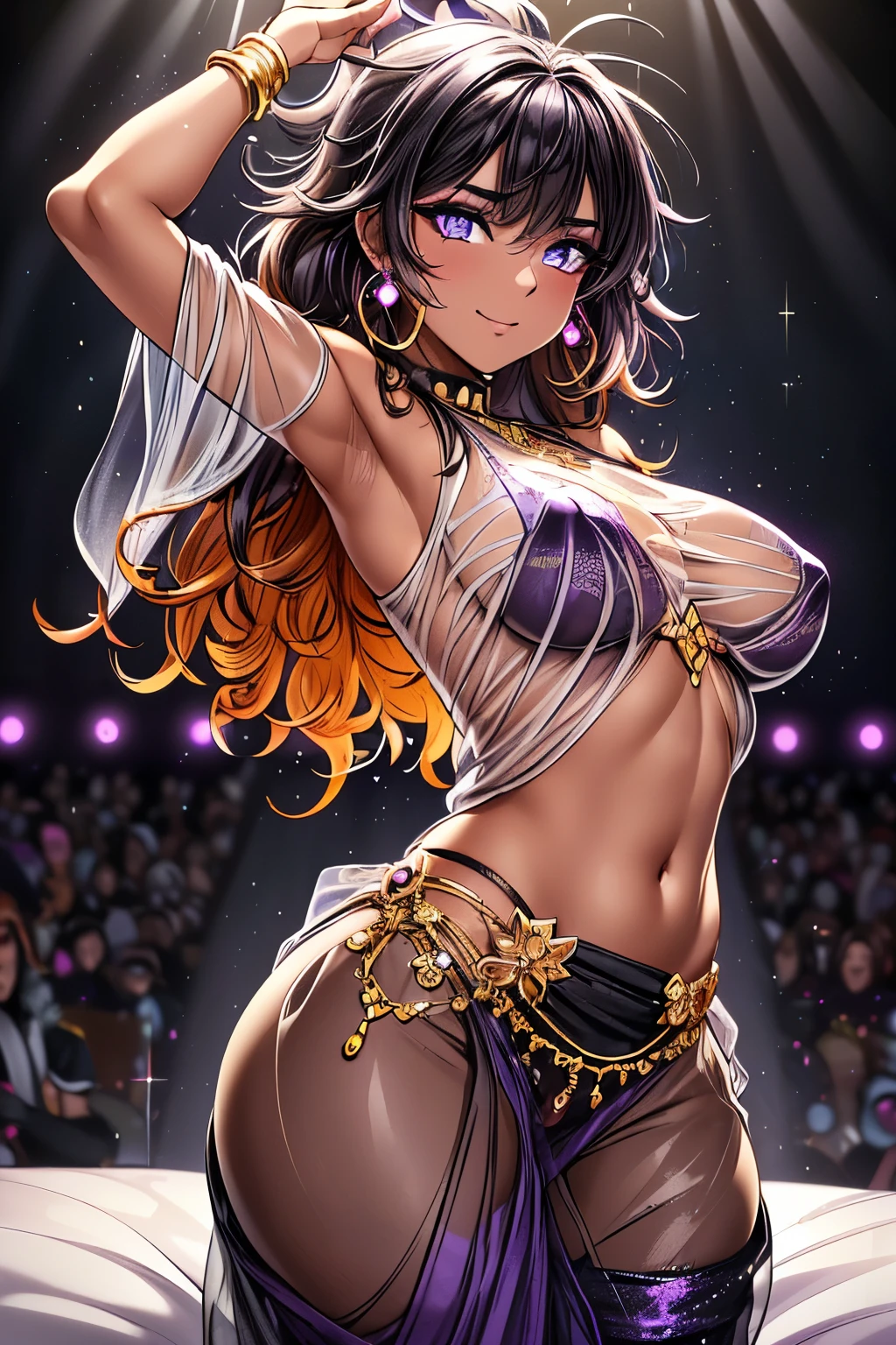 1girl, Baby face:1.5, cute:1.5, petite:1.5,
break
((dark skin:1.6)),
(((purple on black ) Tribal Style with Gold Embellishments ( See-through harem pants) Dance Costume :1.6) + Black Armband Gloves with Lots of Gold Embellishments + Black High Heels with Gold Embellishments + gold tiara on the tip of the stick),
(( gold flashy bracelet , gold hoop earrings , Gold Embellished Necklaces )), (( black choker )),
((orange hair:1.4)), ((no forehead visible:1.2, blunt bangs)), ((long hair : (voluminous hair) + (Bedhead:1.5) + (curly hair) + (fluttering hair)):1.2),
((small breast:1.2), (slim body)),
((dark eyes:1.3), (droopy eyes:1.4), (eye highlight:1.2), (twinkling eyes:1.2)),
((thick black eyeliner:1.3), (thick bluish eyeshadow:1.3), (False eyelashes:1.3), (thin eyebrows:1.3), (glitter eyeshadow:1.3), (Under eyeliner:1.3)),
break
((Fantasy World + Arabic, DANCE STAGE)),
((Dance a dynamic and sensual dance:1.2)),
cowboy shot tearing clothes and pants,
from front, (low angle:1.2),
break
(blushing:1.3), ( bewitching smile:1.2),
break
Symmetrical Face, detailed face,
beautiful hair,
double eyelids, Thin eyebrows,
detailed eyes, beautiful eyes on my stomach, Shining Eyes,
glossy lips, beautiful lips,
detailed skin, beautiful skin,
break
(best quality), (master piece:1.3), (ultra detailed), (photorealistic:1.3), (highres), 16k, 1080P, Full HD, extremely detailed CG, realistic, anatomically accurate, anime, 2D,