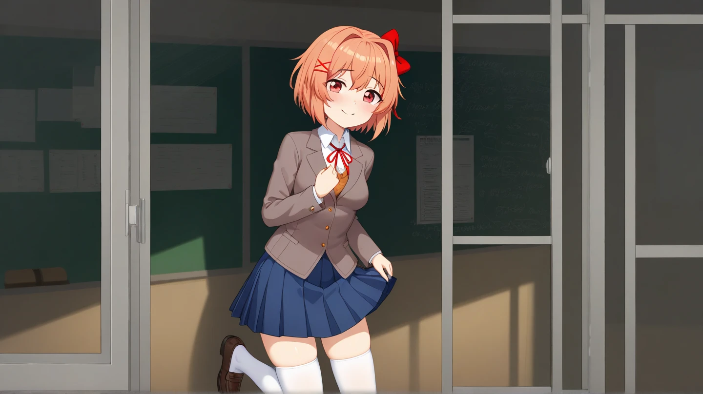2d, masterpiece, best quality, anime, highly detailed, cowboy shot, 1girl, solo, sayori, blue eyes, pink hair, short hair, hair bow, red bow, school uniform, black shoes, white socks, blazer, brown sweater, collared shirt, neck ribbon, blue skirt, standing, clenched hands, peeing herself, peeing, peeing self, very desperate to pee, full face blush, sad, crying, flustered, ruffled panties, peeing, peeing self, peeing, peeing self, pee puddle, puddle of her own urine is forming around her feet, :d, hallway