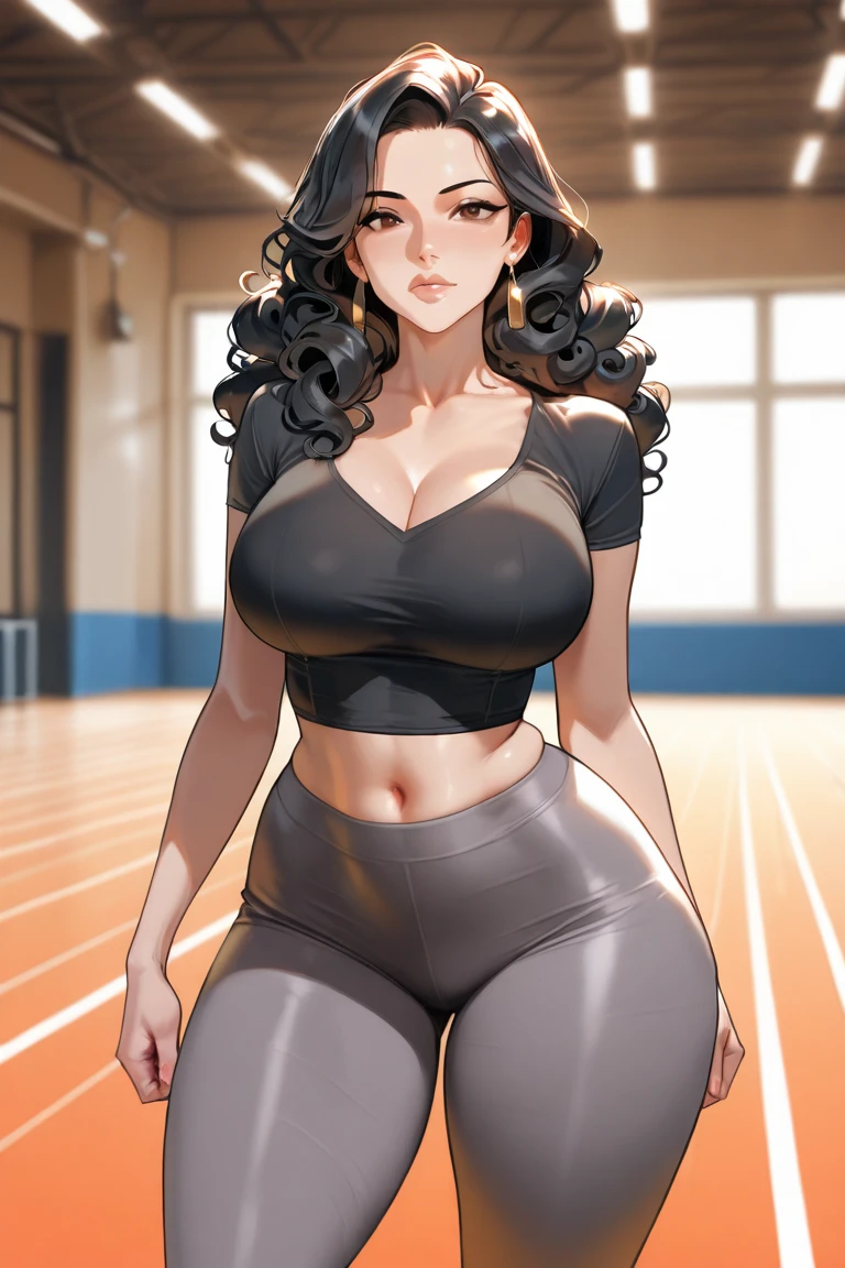 check_9,check_8_VVерх,check_7_VVерх,1 деVушка,One,Gym background,good at sports, СпортиVная одежда,split,big_breast,Looking_V_viewer,длинные Vолосы, Vысокий хVост, gray leggings,yoga pants,Vысокая талия,бокоVая щель,thick thighs,the stove sits,Fashionable dress