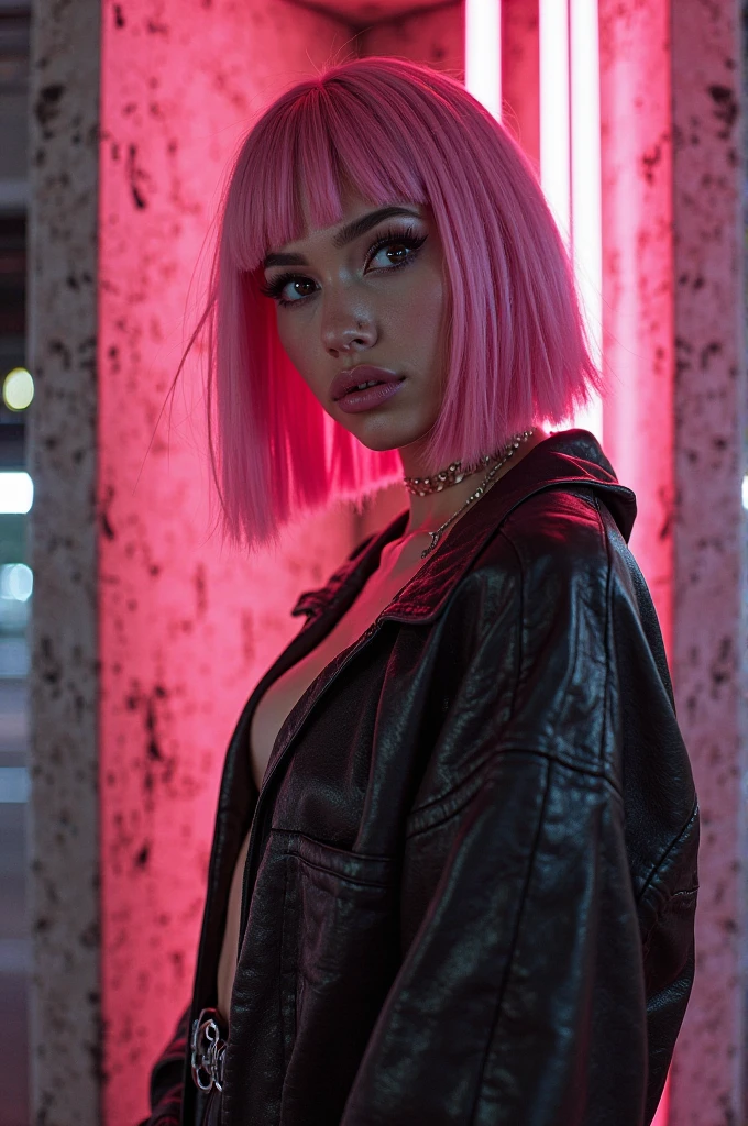 Make one with black skin and freckles that look like stars, she has white hair and bangs, she is on top of the pink motorcycle, wearing a pink biker jacket, high resolution, gray eyes,breastsout,