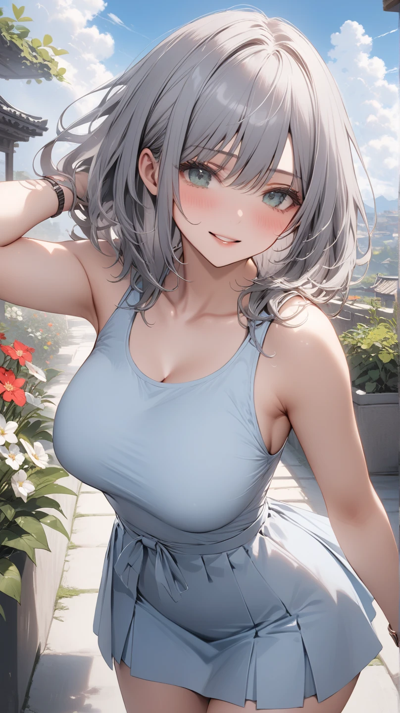 score_9, score_8_up, score_7_up, source_anime, (masterpiece), best quality, expressive eyes, perfect eyes, perfect face, 1girl, {looking at viewer}, garden, outdoors, score_9, score_8_up, score_7_up, source_anime, masterpiece, absurdres, big breasts:0.3, perfect face, cleavage, solo cute expression, amused, smiling, background: garden, JinshiWW, 1girl, white hair, white Eyebrows, white eyelashes, blue eyes, blush, shy, white school swimsuit,,