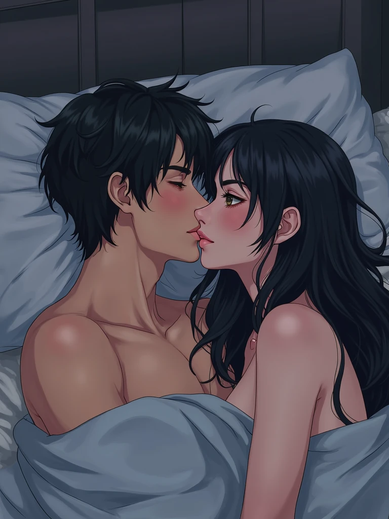 Create an anime-style image featuring a 21-year-old boy and girl lying together on a single bed in a dimly lit, intimate room with a dark atmosphere. The boy has a flirty, intense expression, his eyes filled with desire, while the girl, blushing deeply, lies beside him with a mix of nervousness and attraction. The room is bathed in deep shadows, with the darkness creating a mysterious, intimate vibe. Soft, luxurious fabrics like dark silk sheets and heavy curtains enhance the sensual, intimate setting, emphasizing the charged, close moment between them."