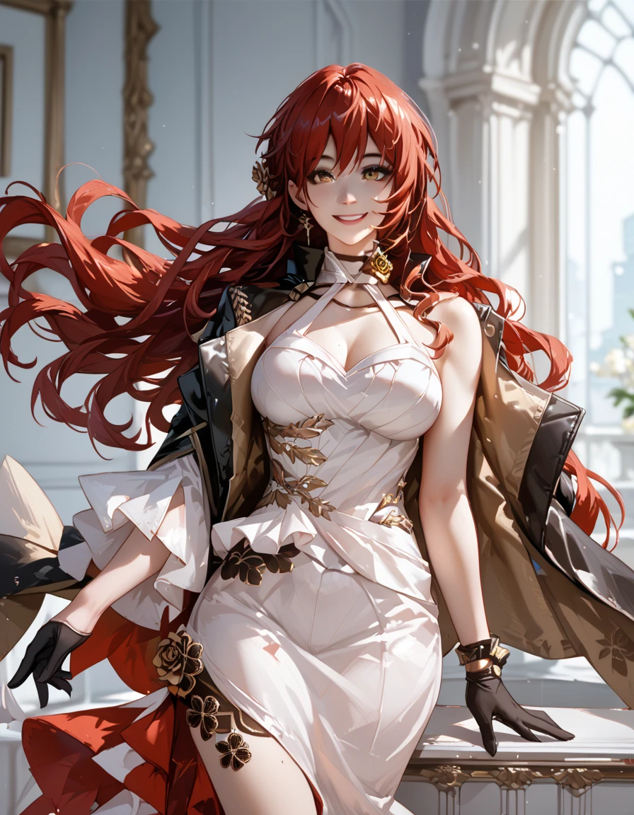 (absurd, high resolution), (panorama), a woman, mature, beautiful, tall, exquisite, yellow eyes, red hair, wearing noble clothes, erotic clothes, white clothes, white dress, serene expression, solo character,  sexy, elegant