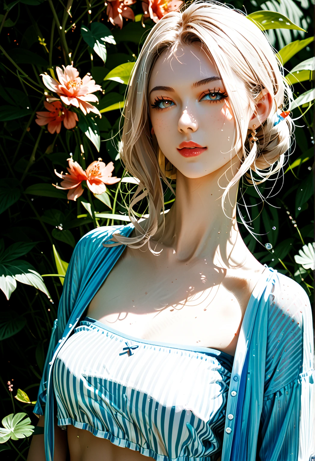 1woman, farmer, hands between knees, white country dress, field, intense blush, beautiful face, green eyes, blonde hair, crownbraid, ponytail, cleavage, dutch angle, sunlight, wind, sun flowers, corn field, lying on side, lying on haybail
