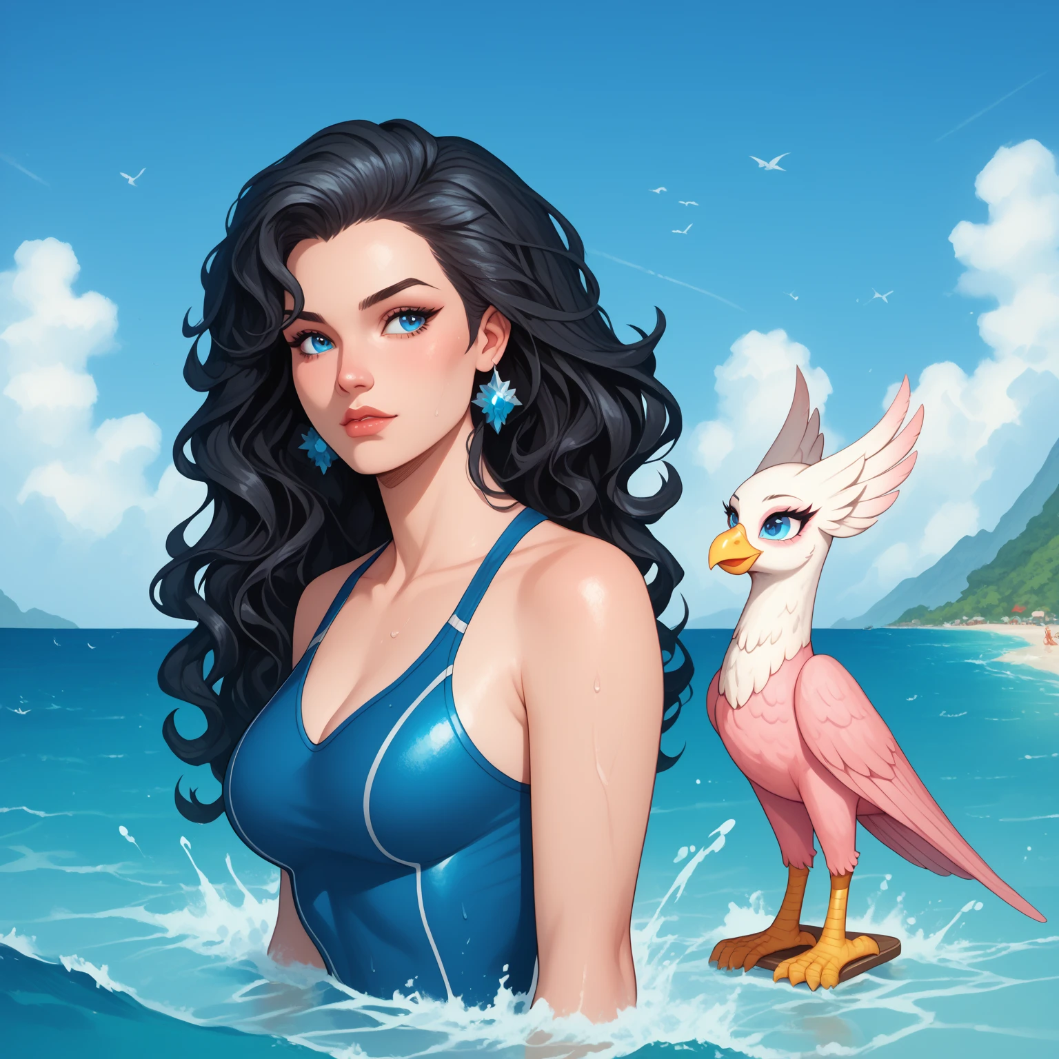 A female Madame Harpy bird in her hot pink bikini, pops a female pirate parrot named Captain Celaeno in her green bikini's Inflatable Raft on the Lagoon and Celaeno pops Madame's Inflatable Raft, too.