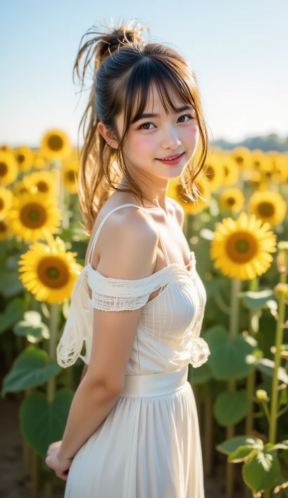 (Highly detailed CG Unity 16k wallpaper:1.1), (Denoising strength: 1.45), (T-Mastepiece:1.37), ((A girl in a straw hat looking back in a sunflower field ackligh)，(White swimsuit),(Best Illumination, Best Shadow, extremely delicate and beautiful), Girl on the central axis of the photo, Small breasts, ((Sunflowers with ultimate details)), Beautiful detailed sky, extremely delicate and beautiful女の子, Sunflower fields at Sunset, Sunset, beautiful detailed cloud, (((the Extremely Detailed CG Unity 8K Wallpapers))), Ultra-, god rays, spark of light, Glowing light, (((​masterpiece))), (((Full body photo，Standing)))， (One beautiful Japan girl, Innocence，kawaii) ，超A high resolution, Realistic, ultra-detailliert, 8K,top-quality, Extremely detailed, Detailed background,A slender,very beautiful japanese girl, Detailed face:1.3), (has hair tied up in a bun，A dark-haired :1.4), (a baby face，kawaii系,adorable 14 year old girl), (Perfect body:1.1),  cute and innocent smile,Show your beautiful teeth，sexy  pose，rosy cheeks，Super Detailed Face、Detailed lips、A detailed eye、small gravure idol，Transparent skin、Lolita，japanese hight school uniform，Photorealistic:1.37，no-makeup，Neutral Lighting，