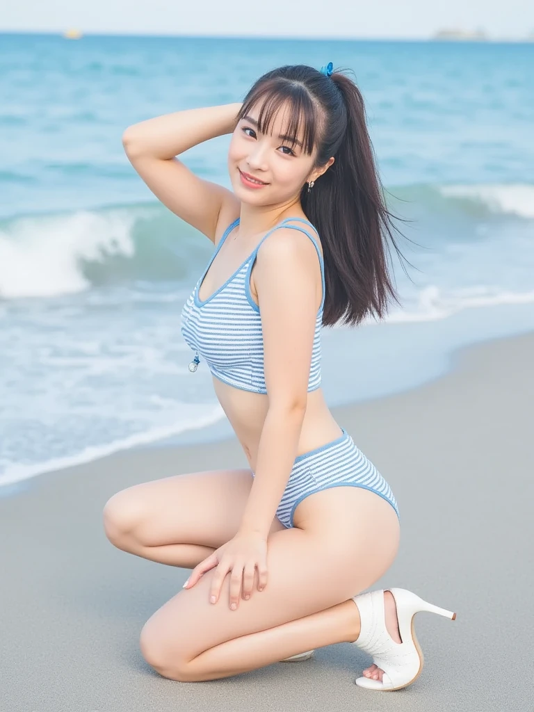 8K, (Surrealistic: 1.35), (realistic: 1.4), 1 beautiful korean girl, smile, One, light makeup, masterpiece, excellent quality, high quality, One, No panties, No bra, Latin, puberty, (((super micro bikini)))、 ((perfect body)), ((best image quality)), ((time)), ((very delicate and beautiful)), ((Very shallow depth of field)), nffsw, ((incredibly shallow depth of field. familiar with)), (((very delicate and beautiful))), (((Very shallow depth of field))), nffsw, (((incredibly absurd))), (((perfect body))), (((black hair ))))), (((long hair)))), (((Camera Eye))), (((small))), (((幸せな最高のsmile))), poor, Own + background, dynamic angle, female focus, {particles of light}, detailed background, ((paul hedley)), soft lighting, (dramatic) sunset), sunset, very beautiful sunset, live action, realistic, top angle, かわいいsmile, (background blur), 18-year-old, skinny, ((Wind)), ((movement ))), ((emotion)), ((colorful)), ((baby face)), ((beautiful teeth)), Withering, ocean background、(((You can see tiny Mt. Fuji on the other side of the sea.)))、