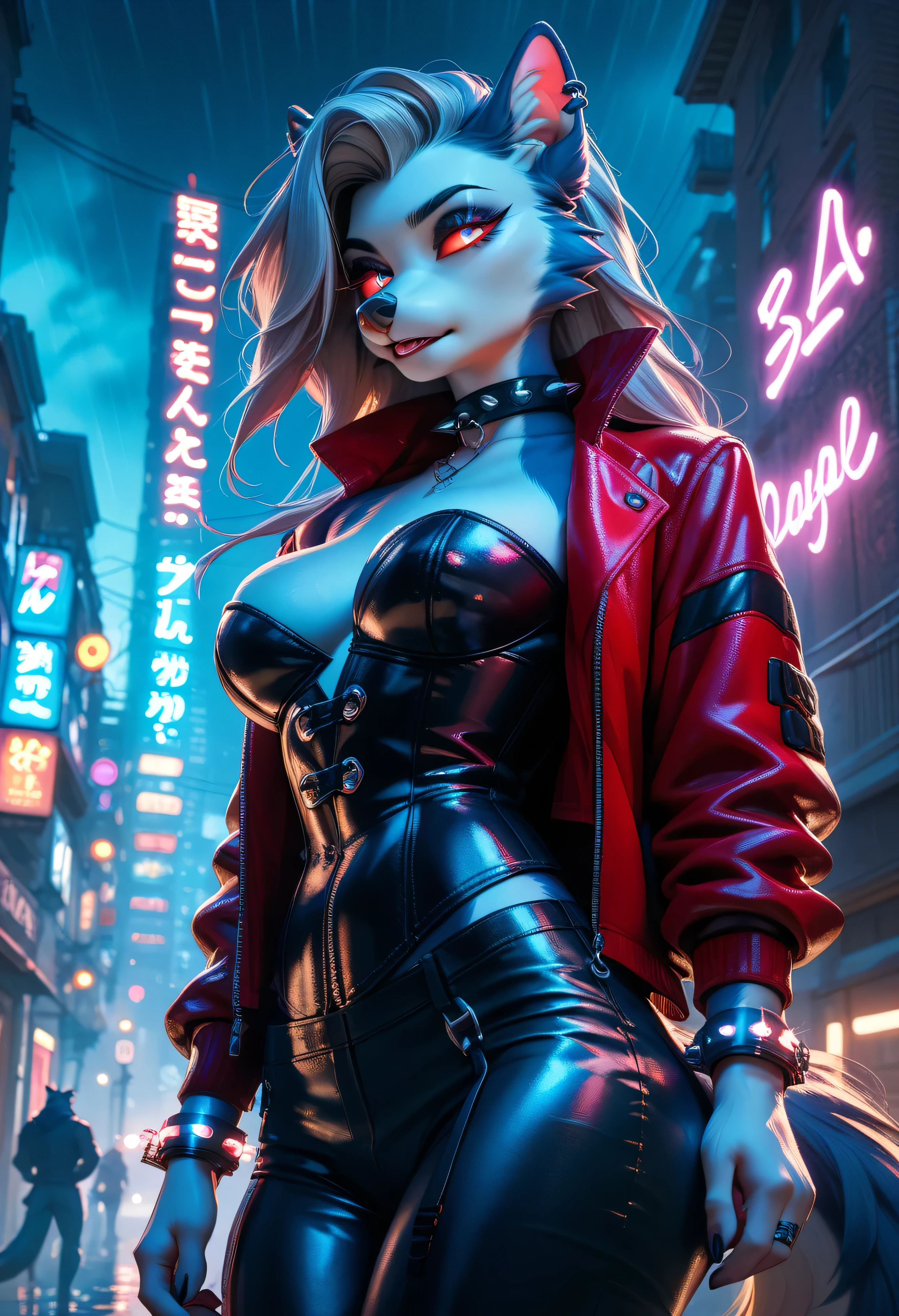 "ANTHRO Loona FEMALE in glowing techwear corset and restraints, standing over a bound male anthro on a neon-lit rooftop, electric cuffs glowing with tension, glowing eyes staring down in control, storm clouds behind her in a moody cyberpunk painterly scene"
