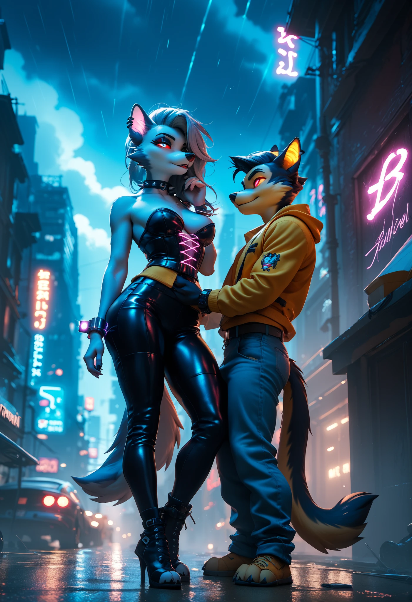 "ANTHRO Loona FEMALE in glowing techwear corset and restraints, standing over a bound male anthro on a neon-lit rooftop, electric cuffs glowing with tension, glowing eyes staring down in control, storm clouds behind her in a moody cyberpunk painterly scene"