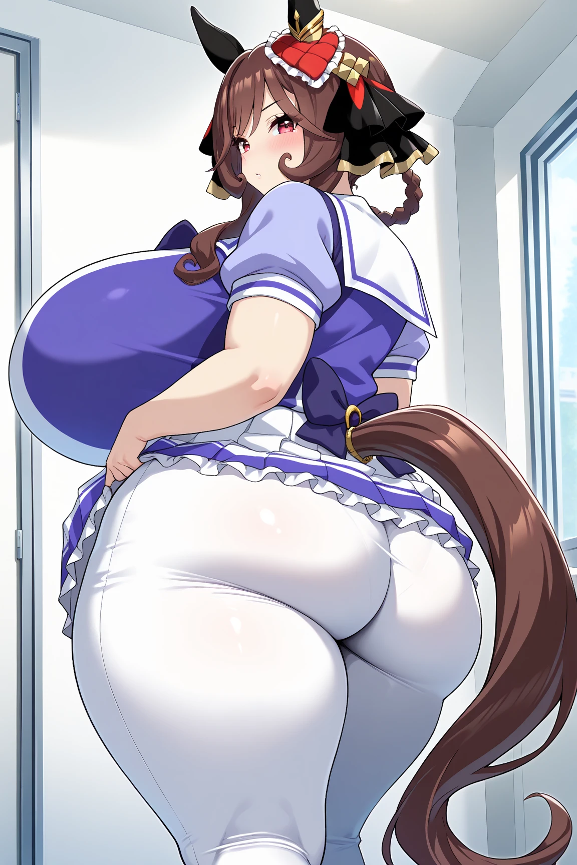masterpiece, best quality, beautiful art, high resolution, well formed hands, body and fingers, 1 woman, solo, Sayuki Tokihara, adult, hair ornament, big breasted, cleavage full body, long hair, blue_kunoichi_dress, sleeveless, white stockings, gorgeous legs and thighs, dancing seductively and erotically, turning backwards and forwards, showing her back and front, showing her butt, t-back,, white thong, smiling joyfully, looking at the viewer, flirting, beach environment 