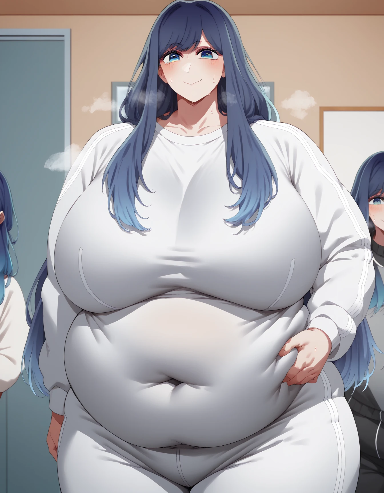 (Very high quality, detailed) A full body image of a pregnant girl wearing a sports bra, very thight shorts and glasses, she's standing barefoot and has very big breasts, long hair and a pretty thick body. She has her hands on her belly and her belly is uncovered