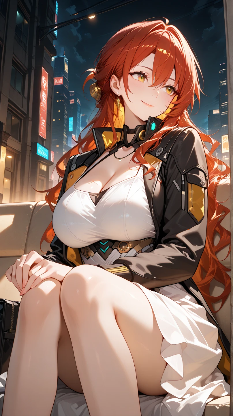 1 girl, Nilou, Genshin Impact, big boobs, best quality, expressive eyes, perfect face, upper Big body, full body, smile, blush, Wearing Scuba Suit , indoors, day, Perfect Hands, simple background, Sitting on Sofa, looking at viewer, stairs, moody lighting