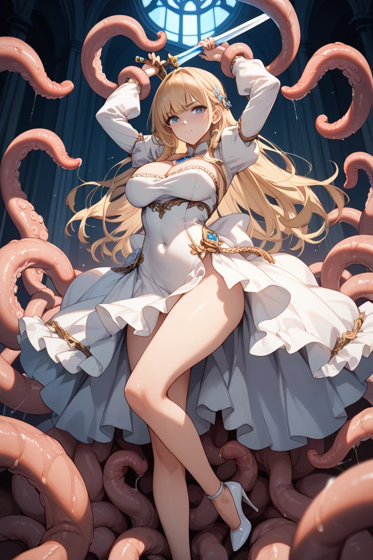 Browsing Caution,(tentacle pit,Arms covered in tentacles,Tentacle-covered legs,Sailor warrior transforming heroine with pink lines on white cloth,Shiny ruffle skirt、Metallic Leotard Armor.,No sleeve,Waist ornaments and armor adorned with large jewels,Transformation Heroine Hair Accessories,Torn white transforming heroine thigh-high socks,A big red ribbon and a big jeweled brooch,Shining white heroine costume,Tight transforming heroine gloves:1.5),(Men and women having sex,A transforming heroine gets raped:1.5), (vagina,penis:1.5),(Wide-open legs,Wide open arms,A girl with her limbs buried in a giant mass of tentacles,Arms and legs stretched:1.5),(tentacles surrounding the girl,His arms are covered in tentacles up to his shoulders,Her legs are covered in tentacles up to her thighs,Tentacles bind limbs,Massive bukkake,get off:1.3),belly button, (The girl is angry,Open your mouth:1.3),Sweat,Love Juice, (Petite Girls,young,thin,Very small breasts:1.5),Blonde twin tails,Perfect Face, Perfect Anatomy,(Cowboy Shot:1.5),(vaginaから溢れる:1.2)