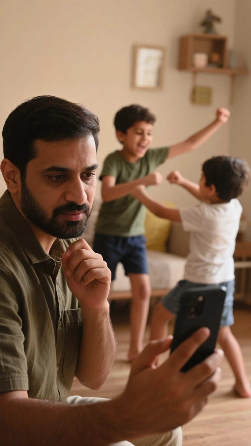 A young 30 year old Indian man scolding his child in their house by showing hand with anger