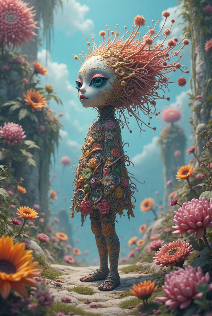 Digital art by Ray Caesar and Hannah Hch and Yohji Yamamoto, of a beautiful young woman in an action pose, pink hair, smile, centered in frame, wide shot, perky breasts, mask, pop surrealism, neo-dada, spectacular, spectacle, psychedelic, forced perspective, feminist art, empowering, masterpiece, private collection, curated collection, ((rose ivy)), behance, 3d render, cracked clay, gothic, bright colors, oversaturated, depth, spirals, fibonacci sequences, ((shells)), wings, muppet show, butterflies, flowers, gears, tunnels, surreal environment, fractals geometry, game assets, city scene, modern makeup, long eyelashes, ((rain drops)), chiffon dress, bracelets, punk rock, ((subversive art)), dirty, grime, dingey, mid cut jeans, specular highlights, reflections, ambient occlusion render, detailed, Marching squares, ((iso lines)), armature, detailed, elaborate, complex, desert, mountains, carriages, tiny robots, peanuts, cans, cars, stormy sky, moonlight, cats, dogs, muppets, (cloudport:0.5)