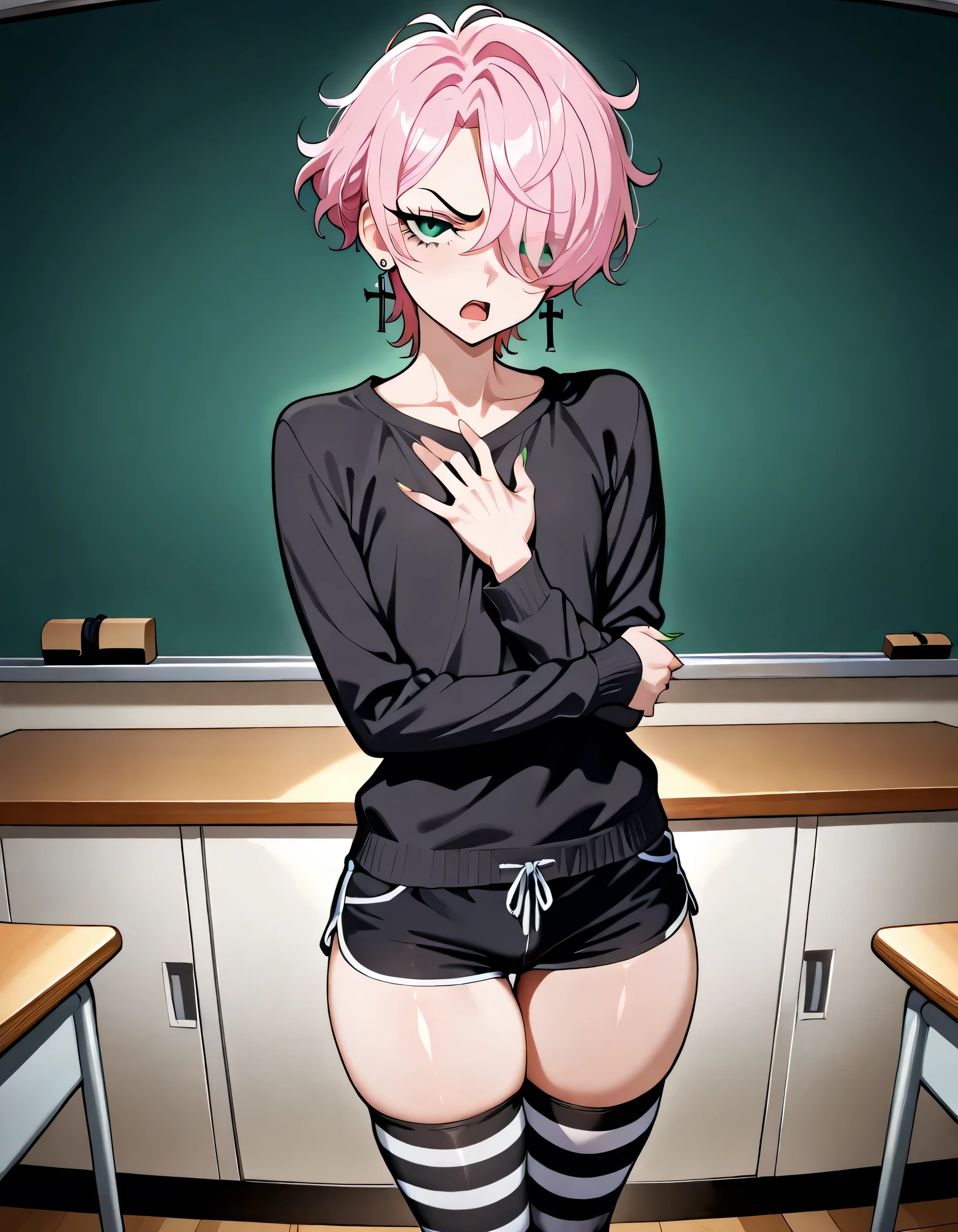 Male, bratty, adult, handsome, short hair, slightly wavy hair, lightly-pink hair, hair over one eye, dark green eyes, skinny, light curvy hips, light curvy thighs, narrow waists, fit ass, flat chest, tall, detailed image, detailed body, detailed classroom, clothes: black sweatshirt, black shorts, black striped thigh high socks, evening, pose: looking at viewer, solo, arm's crossed on chest, annoyed, arrogant, front view, side angle, open mouth slightly, cross earrings, high angle, raised one eyebrow