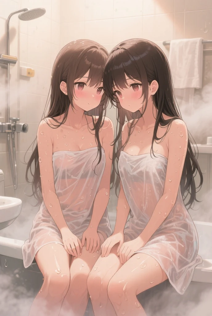 2 girls, cute, naked, (curvy body:0.5), (plump body:0.5), medium breasts, long hair, kiss, taking a bath, square bathtub, night view outside window, buildings outside window