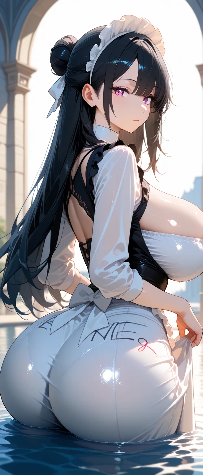 Highest image quality、master piece、8K、(SFW huge body:1.5)、emphasize the buttocks、Rear view、(((T-back song that digs into your butt)))、cowboy shot、(((thron)))