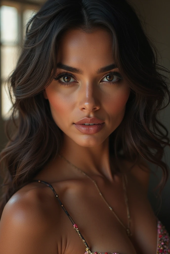 Magnificent cinematic photograph of a captivating 32-year-old woman, radiant with light brown skin, dark brown expressive eyes, and straight, sleek hair. Her thin lips often grace a warm, welcoming smile. The image was masterfully captured using the Canon EOS R5 8K camera, equipped with a 24-105mm F/4L lens, revealing every intricate detail and flawless texture. The shallow depth of field and high budget production of this epic Hollywood film make her appear as a goddess, a masterpiece, a testament to professional photography. The high-resolution photograph showcases her elegant nose, well-balanced facial features