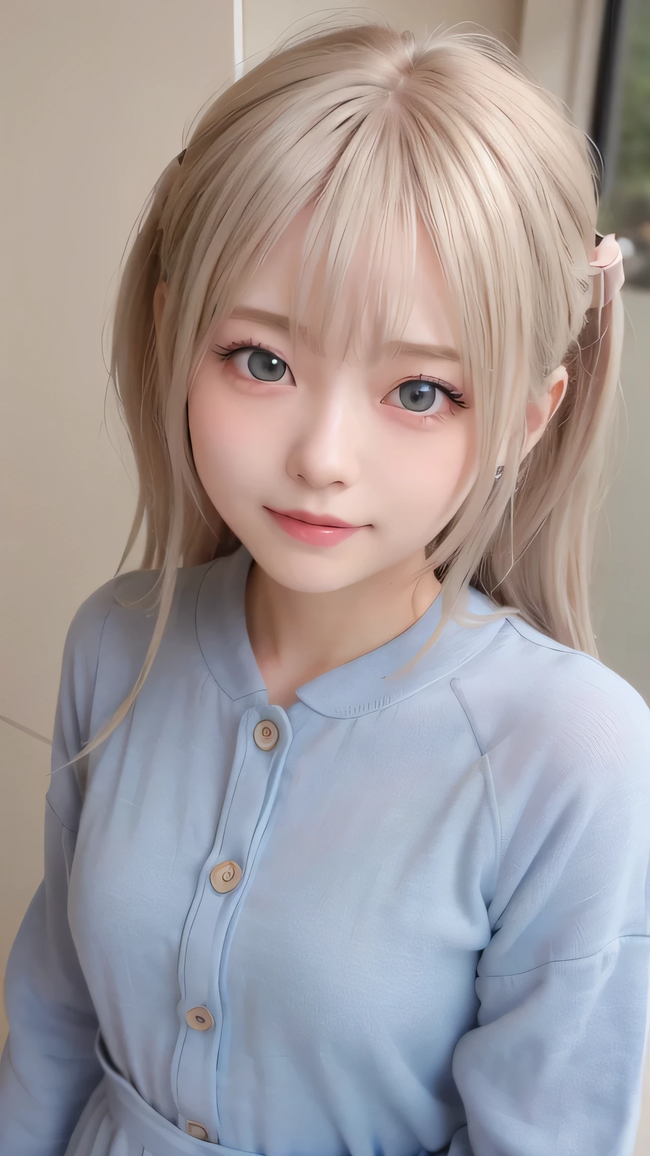 Bright expression、Photorealism、Highest quality、Ultra-high resolution、The most beautiful Scandinavian girls photos、A small face that is cute and beautiful down to the last detail、(Pure Eros Face)、Beautiful Bangs、(Alice in Wonderlandの世界観)、Alice in Wonderland、18-year-old、Glowing White Skin、Bangs on the face、Attractive bright natural blonde straight silky highlighter hair、Beautiful bright transparent light blue big eyes that are charming and shining、School uniforms、、eyeliner、double eyelid、(Ample breasts)、(The right move:1.2)、Captivating facial expression、Cute pose
