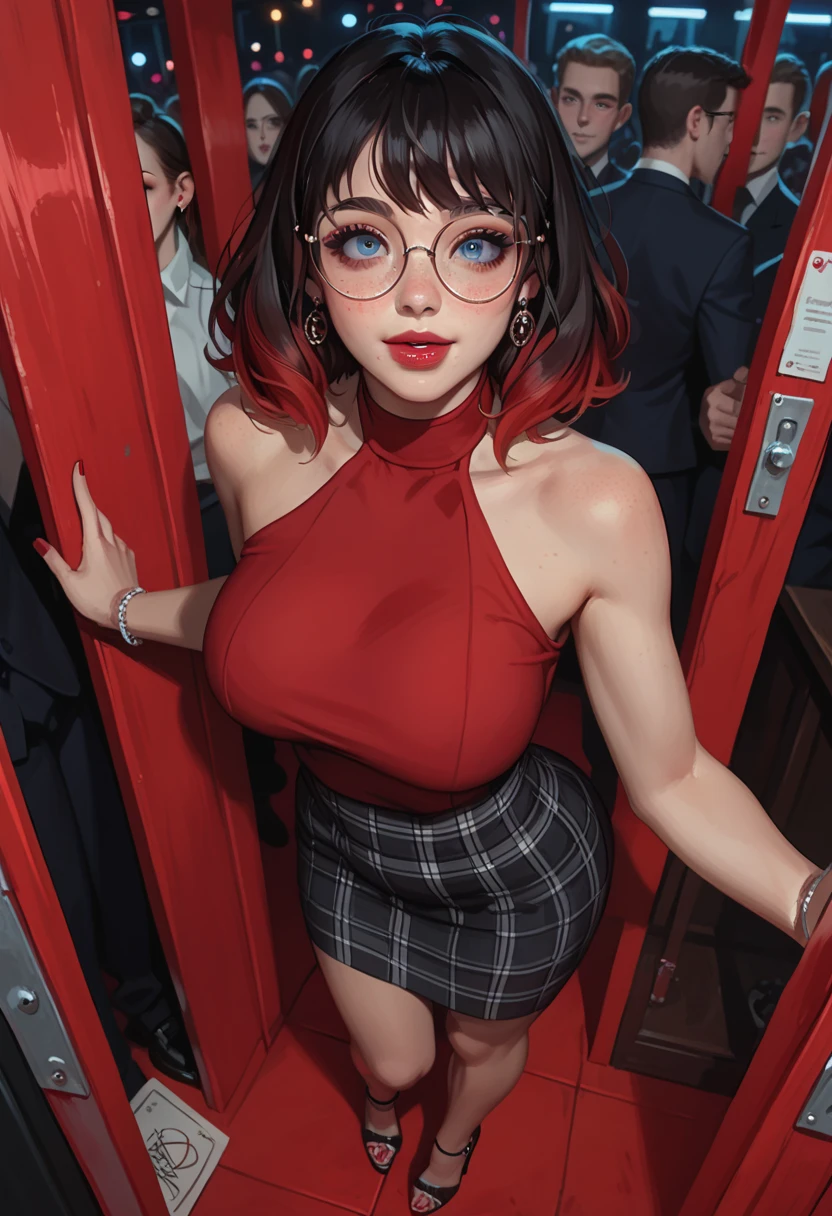 (large breasts 1.4), beautiful elf woman, ((Short Red Hair: 1.6, straight with shine)), bright blue eyes, bright eyes, double eyelids, light effect on eyes, detailed irises, sexy curvy body, ((white off the shoulder corset, black and red plaid mini skirt, black high heels)), ((work of art, hyper-realistic, hyper detailed, Best quality, 16k, light and shadow on skin, vivid colors), eyeliner, Thin eyebrows, Sensual expression, perfect pouty lips, innocent and sexy mature face, ((skin with light and shadow) flirting with the viewer, lots of freckles, full lips, lips parted, extreme blush, smile, ((Posing Sensually on rooftop)), fingertip resting on lower lip, late at night, rays of light, masterpiece, wearing glasses