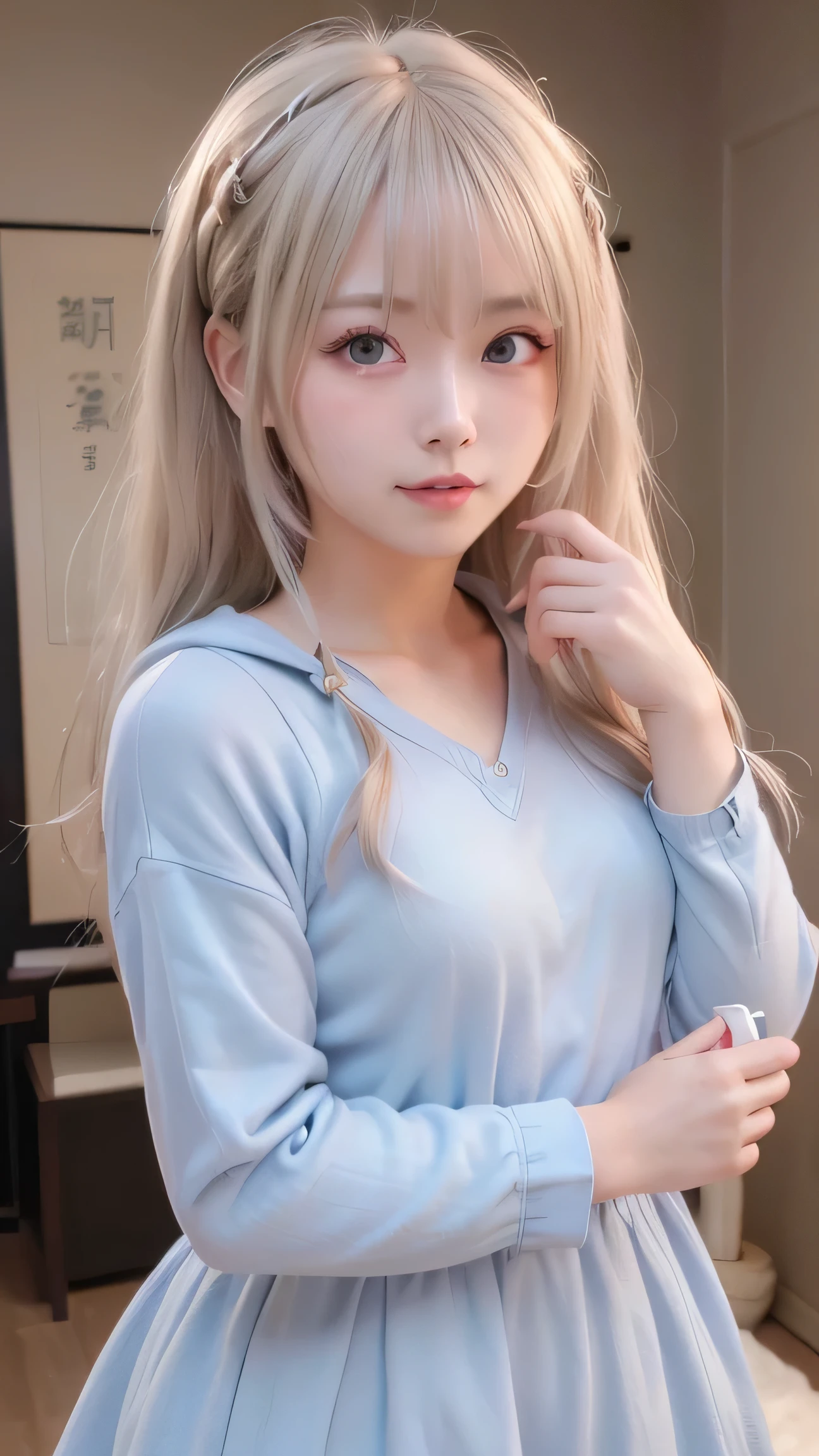 upper body,Sexy and firm super small breasts、Sexy cute looks and cute 15 year old beautiful girl, Beautiful and sexy face、Beautiful, cute and sexy eyes hidden by long bangs,White long straight hair、Completely naked、super cropped tops hoodie,Light blue eyes、Shorts,Showing breasts and nipples