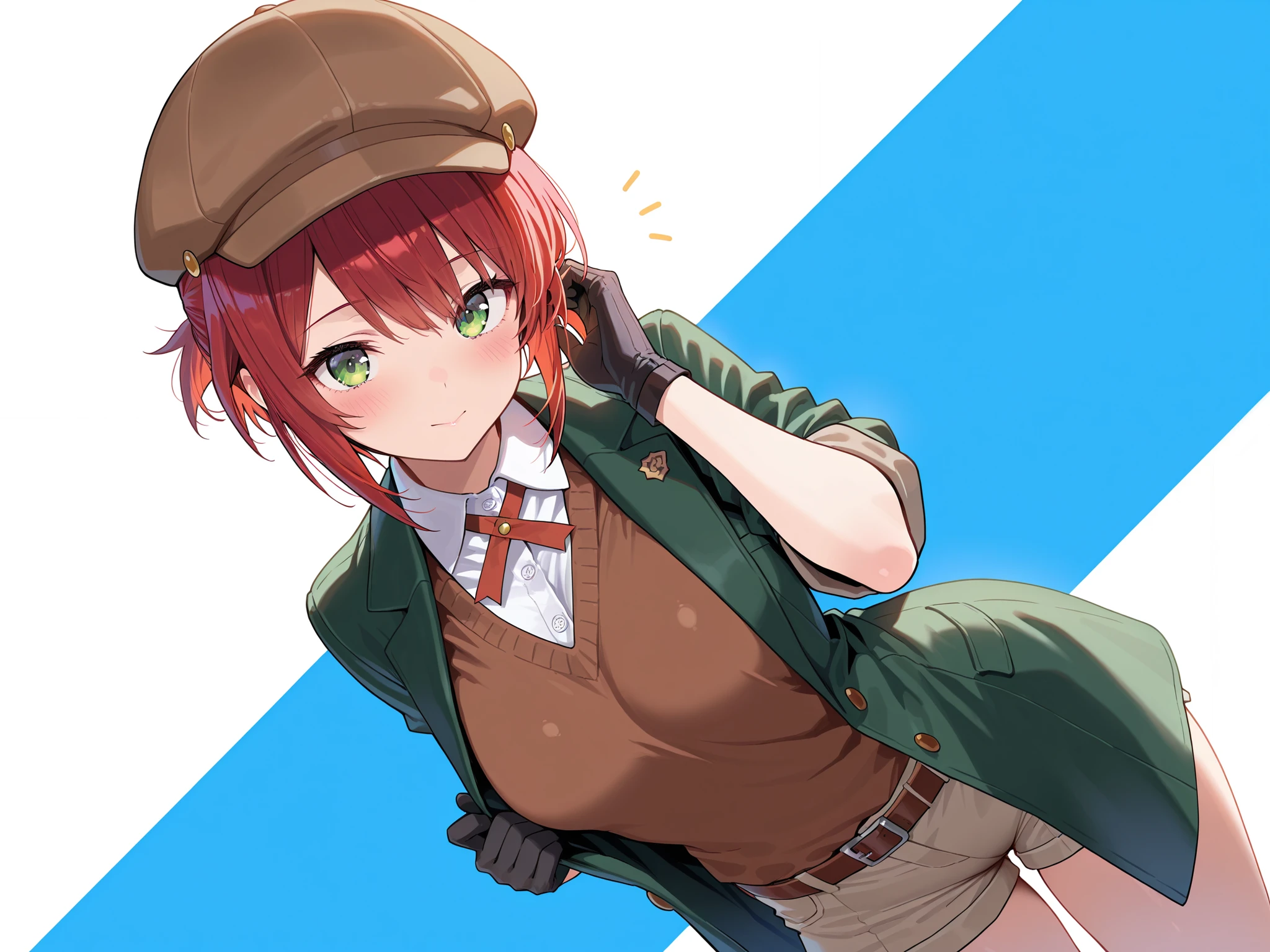 masterpiece,best quality, amazing quality, highres, absurdres, very aesthetic, high resolution, ultra detailed, perfect details,akari, red hair, short hair, bangs,Green Eyes,,,,,,newsboy hat,School uniform, beret, green coat, dress shirt, brown vest, gloves, black gloves, shorts
