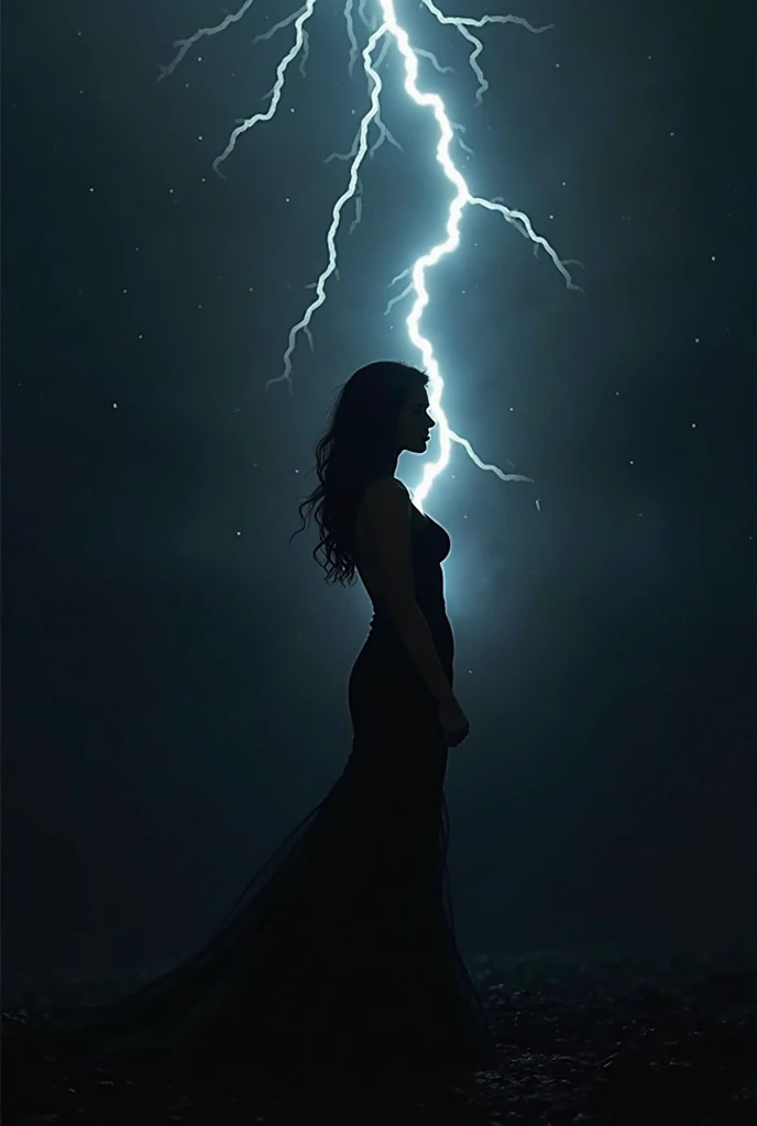 Wallpaper of a very beautiful and elegant witch with very pretty eyes, flying in the forest facing towards camera with short open hair and open arms getting power from the sky. Very dense and heavy smoke and lighting strikes in the background. Ultra high definition, very detailed, black dress, fantasy.