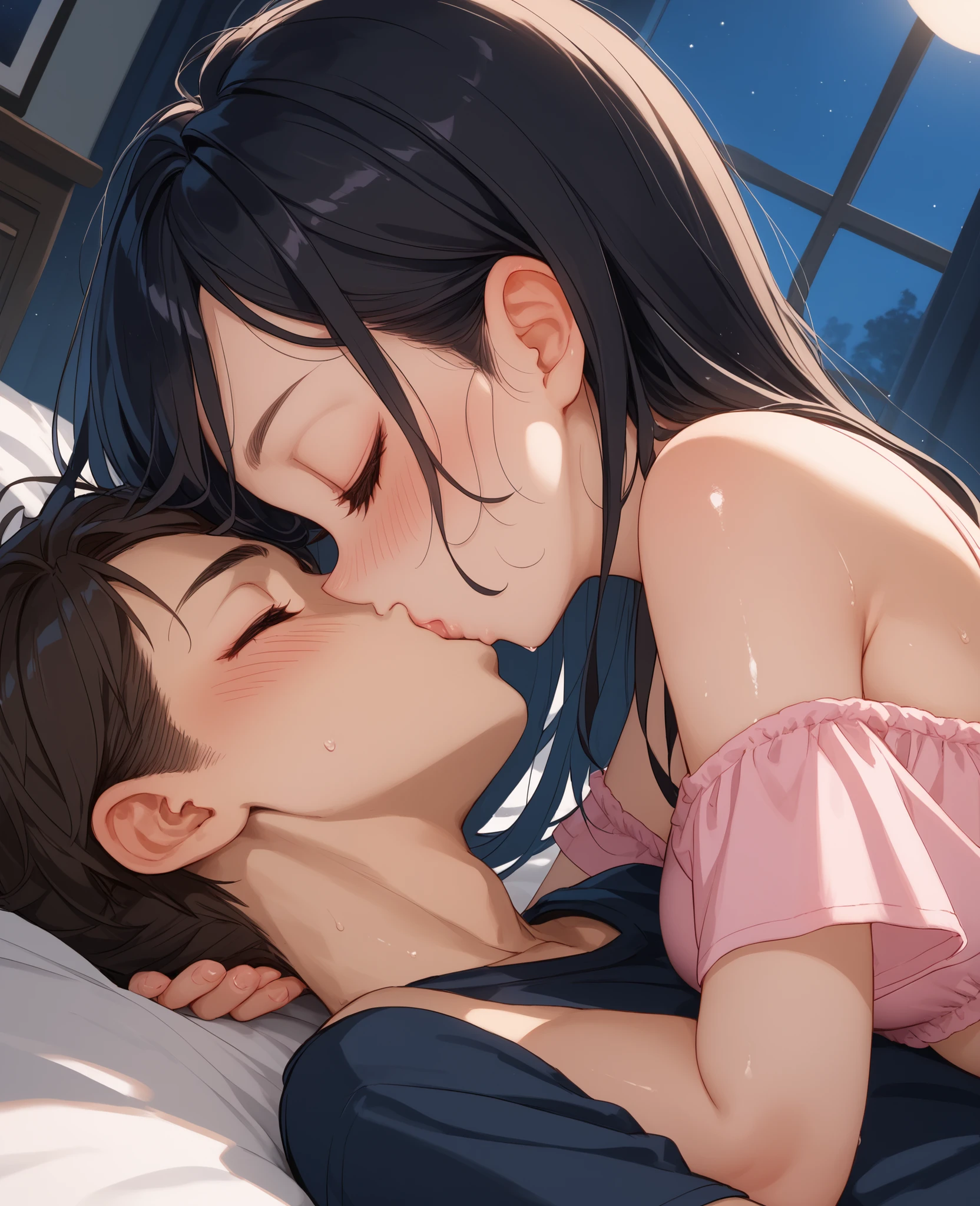score_9, score_8_up, score_7_up, source_anime, 1boy, 1girl, mature female wearing transparent saree,  mother and son, ???, hug, kissing, date night, romantic, in the living room lying on the couch , erotic