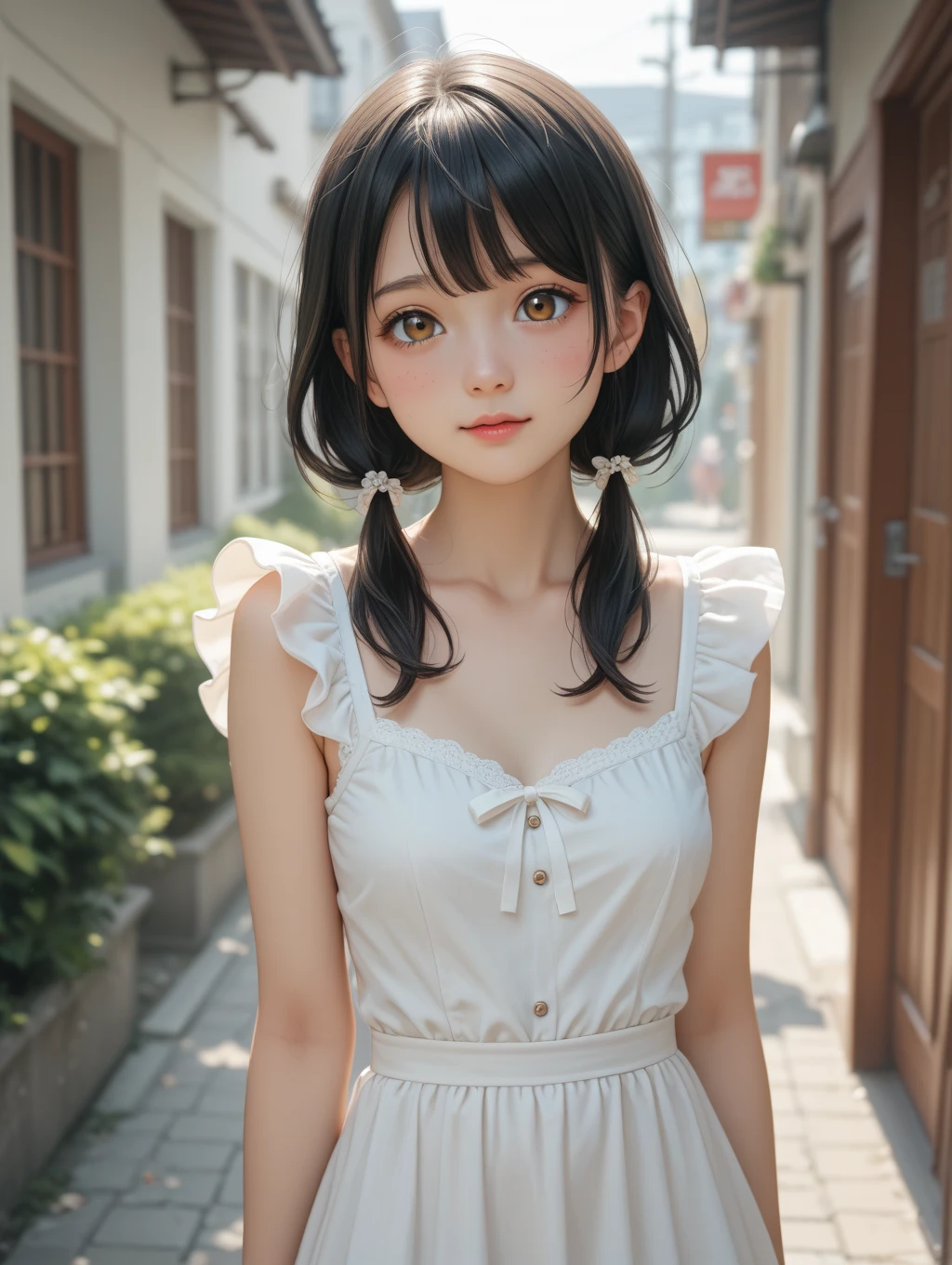 Innocence, Dark green hair, Twin tails, Put your arms behind your back, White Dress, Black waist tie, girl,blue eyes,