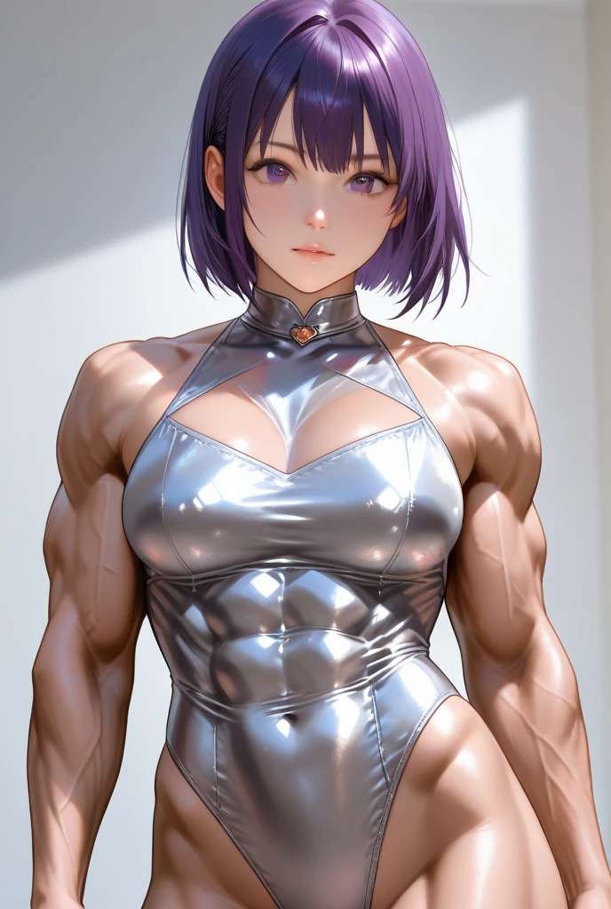 (realistic: 1.4), highest quality, very delicate and beautiful, High resolution, masterpiece, highest quality, 1girl, purple eyes, purple hair, fluffy bob cut, light, (abs:1.5), (muscular:1.3),