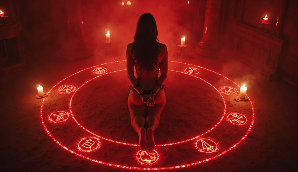 A sexy woman screaming kneeling in on a red pentagram surronded by candles. She is facing the viewer. There is an open book in front of her. Red light shines on her from above. Her hands are behind her back. Red lights reflects off her sweaty skin.