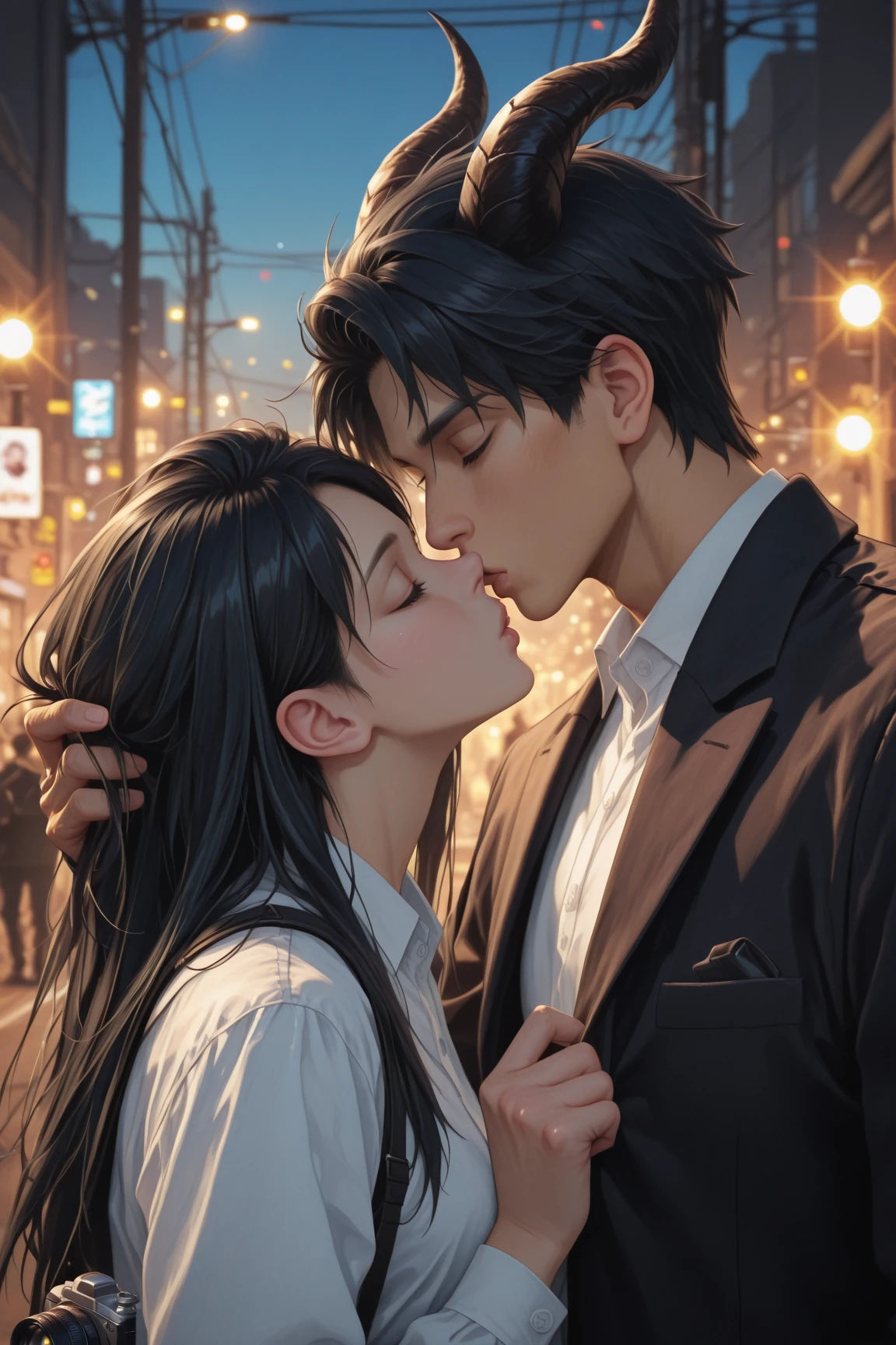 1 male and 1 female , brown hair, kissing , night city on top of buildings, closed eyes , hands in pocket