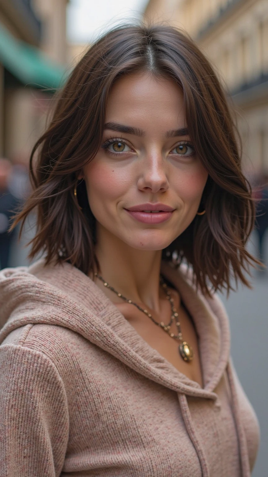 um contato visual de uma morena com cabelo em coque, olhos azuis, ((Joana Portão)) 23 anos, flirting with the camera, colar, fora do ombro, colorful sweater, topless