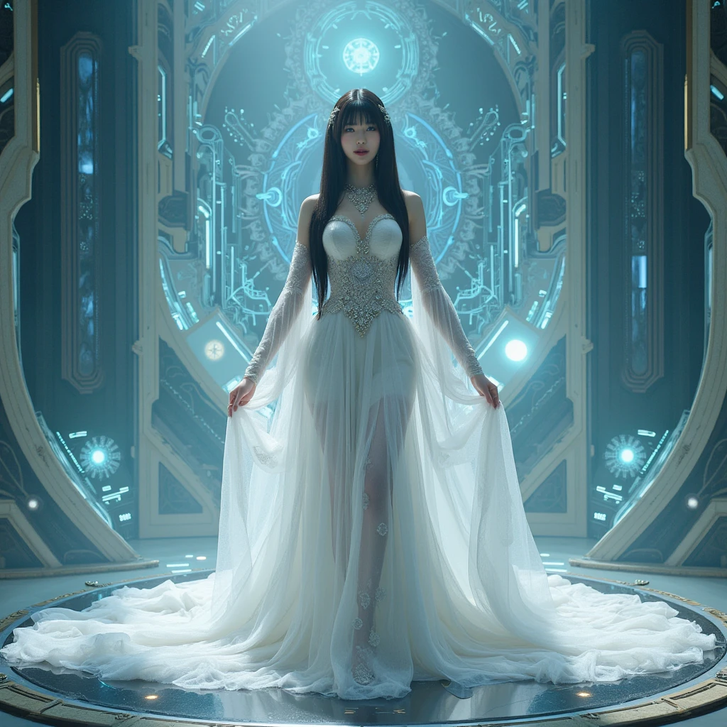 (Best Quality), Masterpiece, 8K, RAW, Stunning Black Silk Bride Naked,(Photo-realistic), Black silk Dress, Black long Hair, zero-gravity, Full-Body Portrait, dramatic Lighting, (Mecha:1.4), (Cybernetics:1.2), Space-station, Explosion in Background, Particles floating in Air