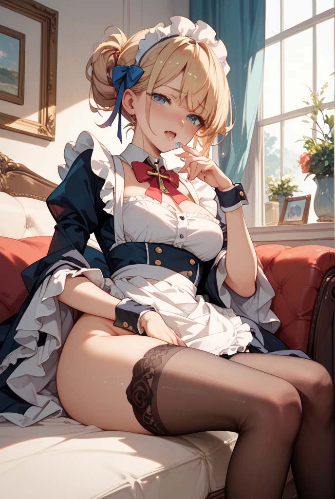 (8k, highest quality, Tabletop:1.2)、Ultra-high resolution、One 12-year-old girl, Perfect Fingers, Detailed face, smile, blue eyes, Blonde, Braid, White panties, White blouse, Black vest, Western-style room, futon, Lie down with your legs outstretched
