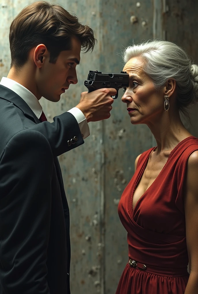 52 year old woman face pe wrinkles hai spy black dress mai hai or uske samne ek ladka khada hai jsne formal dress pehni hui hai uss ladke ki age 23 year hai handsome hai ir 52 ki aurat uske chest pe knife se maar rhi marti hui ro rhi or ladke k expression shocked hai knife or chest bleeding ho rhi iss photo ko dramatic way mai generate krdo