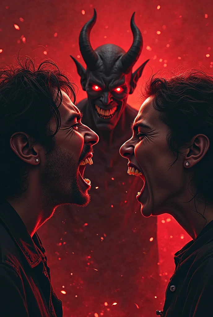 A terrifying demon with red eyes whispers to humans