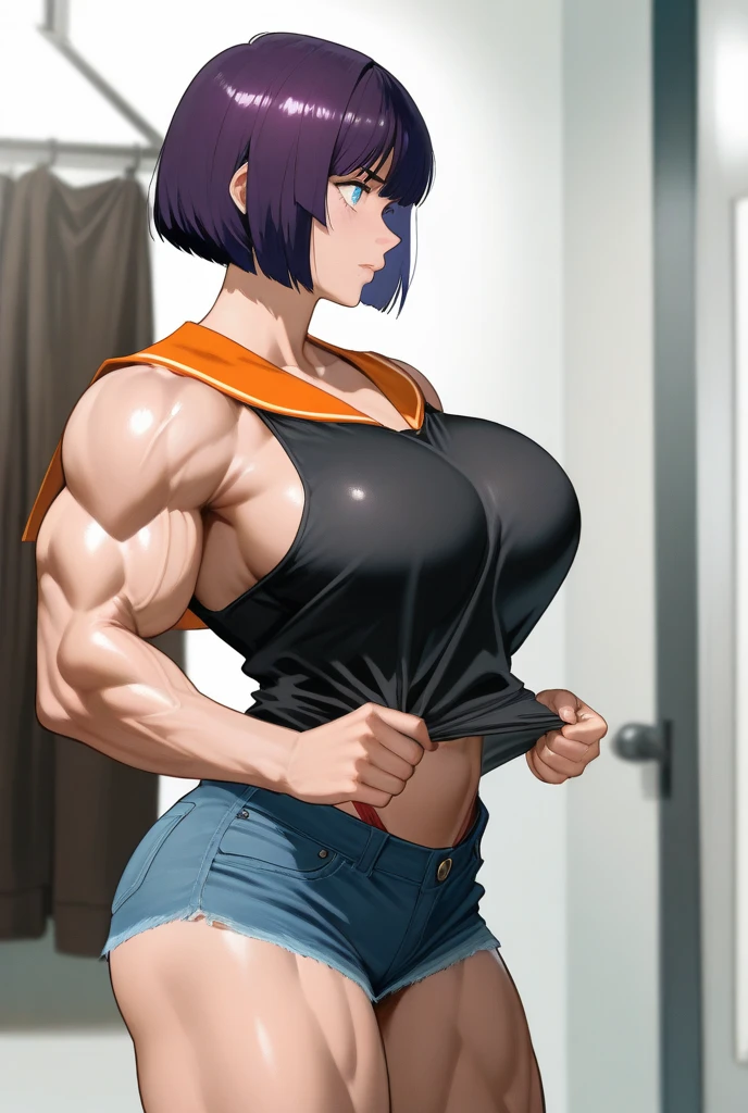 (masterpiece, best quality:1.2), 1girl, solo,dark blue hair,gray eyes, she wear's a white Cheongsam with a red, black and gold plant design, periwinkle pants and black and white dress shoes. She wears a silver band on her ring finger.muscular female bodybuilder, oil painting, strong and defined muscles, intense expression, confident pose, gym backdrop, sweat glistening on her skin, veins bulging, toned physique, powerful presence, professional lighting, vibrant colors, realism, extreme detail description, sharp focus, (best quality, 4k, highres, masterpiece:1.2), physically-based rendering, bodybuilding competition, intense workout, determination, dedication, muscular symmetry, fitness journey, weightlifting, athletics, ultra-fine painting, vibrant energy, bokeh, dynamic composition.