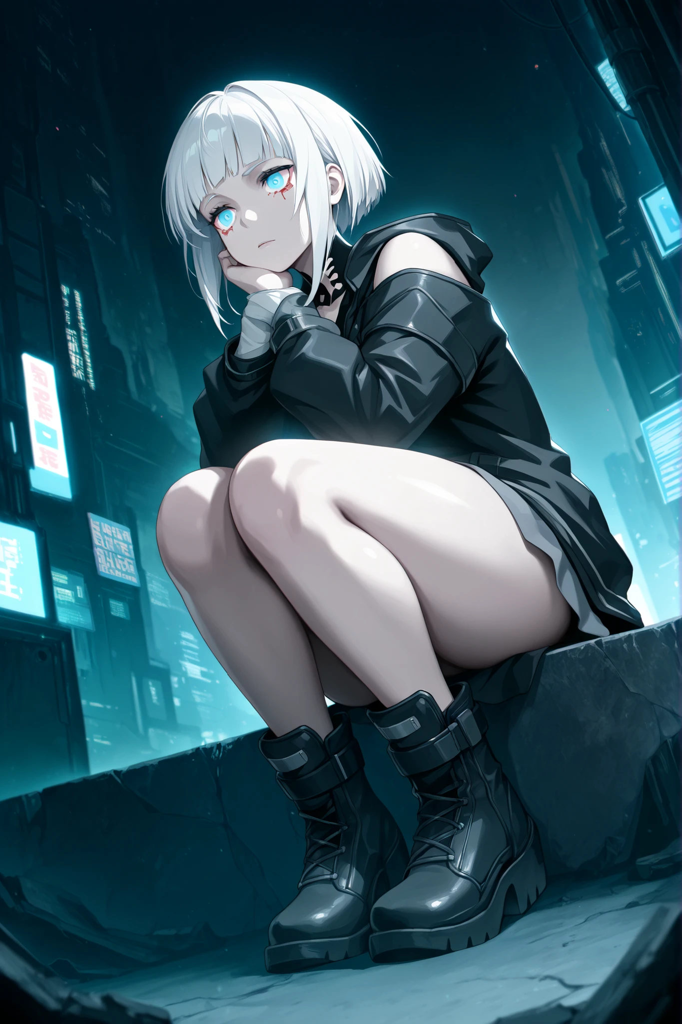 a beautiful adult girl with white hair and bright blue eyes in a dark, futuristic cyberpunk gothic environment with gray tones, the image and gloomy lighting, The girl is wearing shoes and boots. has thick and well-defined thighs.