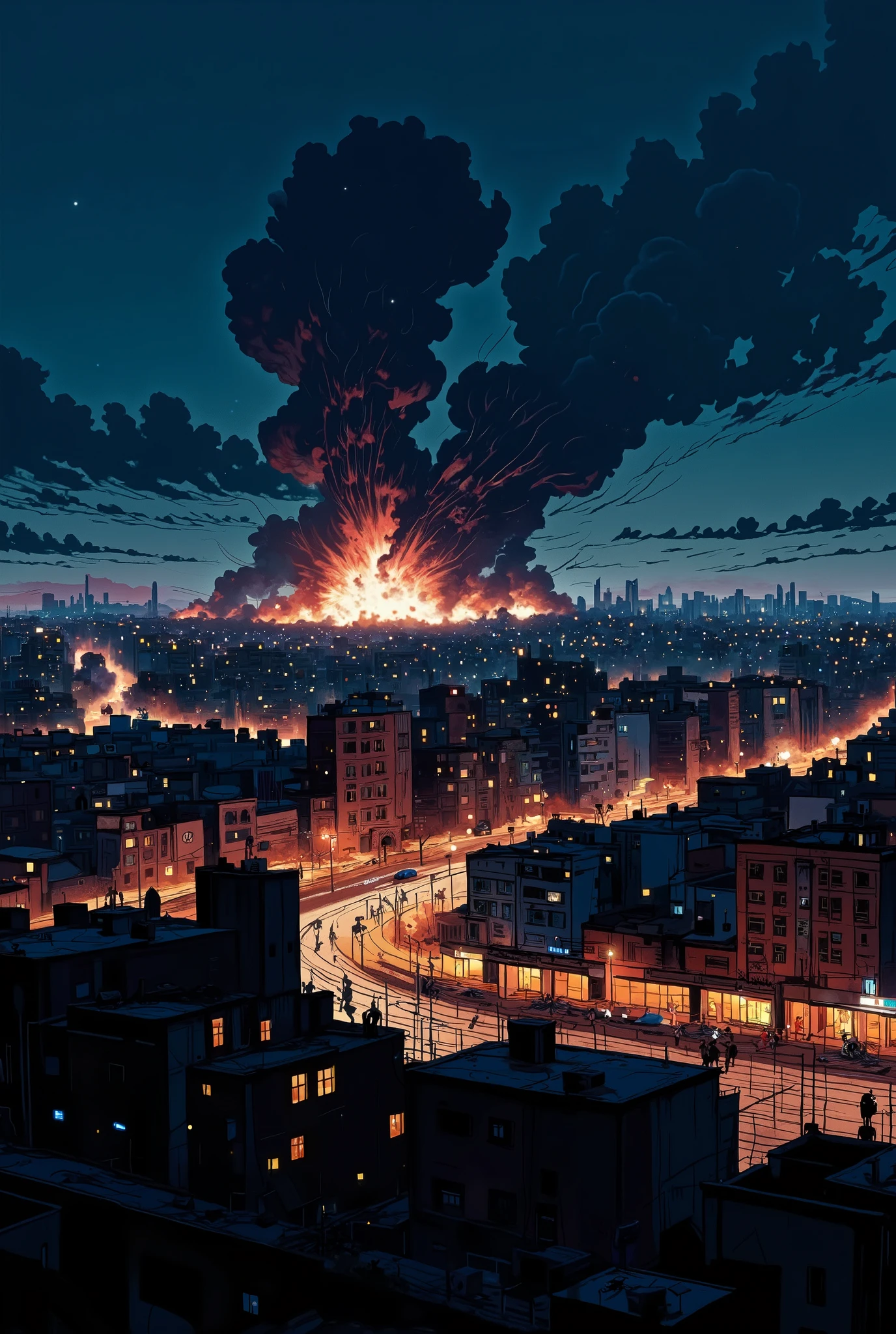 A city skyline at night illuminated by explosions, showing the devastation of war in Gaza, dramatic lighting